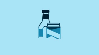 Blue Beer bottle and beer can icon isolated on blue background. 4K Video motion graphic animation .