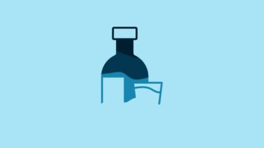 Blue Bottle of vodka with glass icon isolated on blue background. 4K Video motion graphic animation .