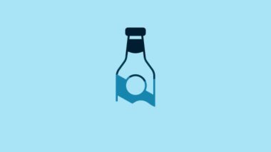 Blue Beer bottle icon isolated on blue background. 4K Video motion graphic animation .