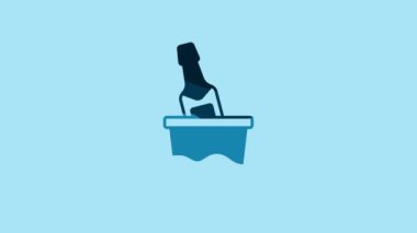 Blue Bottle of champagne in an ice bucket icon isolated on blue background. 4K Video motion graphic animation .