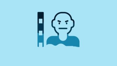 Blue Suspect criminal icon isolated on blue background. The criminal in prison, suspected near the board. 4K Video motion graphic animation .