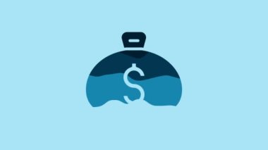 Blue Money bag icon isolated on blue background. Dollar or USD symbol. Cash Banking currency sign. 4K Video motion graphic animation .