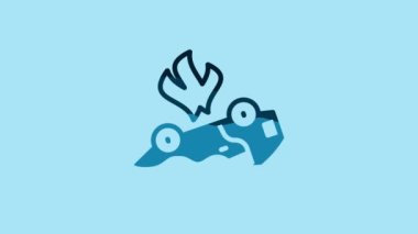 Blue Burning car icon isolated on blue background. Car on fire. Broken auto covered with fire and smoke. 4K Video motion graphic animation .