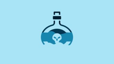Blue Poison in bottle icon isolated on blue background. Bottle of poison or poisonous chemical toxin. 4K Video motion graphic animation .