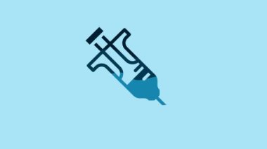 Blue Syringe icon isolated on blue background. Syringe for vaccine, vaccination, injection, flu shot. Medical equipment. 4K Video motion graphic animation .