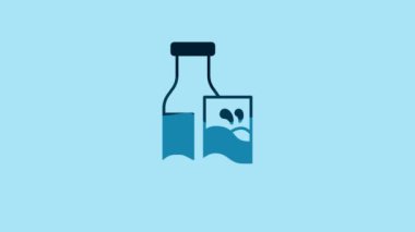 Blue Closed glass bottle with milk and glass icon isolated on blue background. 4K Video motion graphic animation .