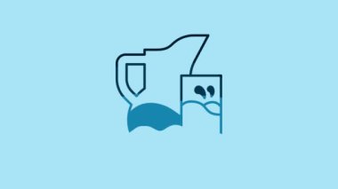 Blue Milk jug or pitcher and glass icon isolated on blue background. 4K Video motion graphic animation .