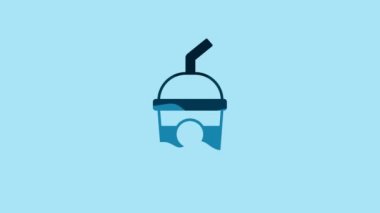 Blue Milkshake icon isolated on blue background. Plastic cup with lid and straw. 4K Video motion graphic animation .