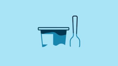 Blue Yogurt container with spoon icon isolated on blue background. Yogurt in plastic cup. 4K Video motion graphic animation .