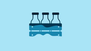 Blue Bottled milk packed in wooden box icon isolated on blue background. 4K Video motion graphic animation .