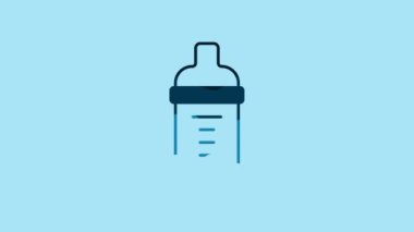 Blue Baby milk in a bottle icon isolated on blue background. Feeding bottle icon. 4K Video motion graphic animation .
