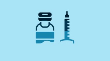 Blue Medical syringe with needle icon isolated on blue background. Vaccination, injection, vaccine, insulin concept. 4K Video motion graphic animation .