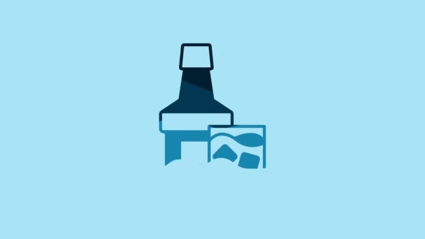 蓝色威士忌瓶和玻璃图标隔离在蓝色背景 4K视频运动图形动画 — 图库视频影像