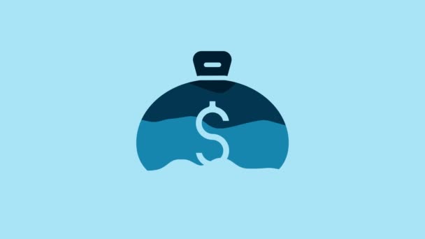 蓝色钱袋图标隔离在蓝色背景 美元或美元符号 现金银行货币标志 4K视频运动图形动画 — 图库视频影像