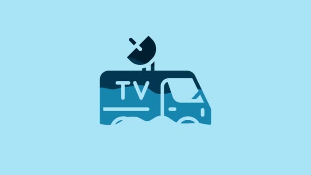 青のテレビ青の背景に隔離された屋根のアイコン上の機器とニュース車 4Kビデオモーショングラフィックアニメーション — ストック動画