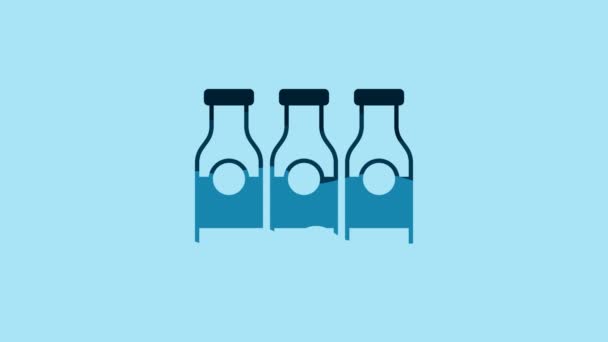 蓝色封闭玻璃瓶 牛奶图标隔离在蓝色背景 4K视频运动图形动画 — 图库视频影像