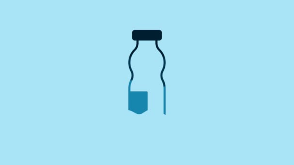 青色の背景に単離されたボトルアイコンにヨーグルトを飲む 4Kビデオモーショングラフィックアニメーション — ストック動画