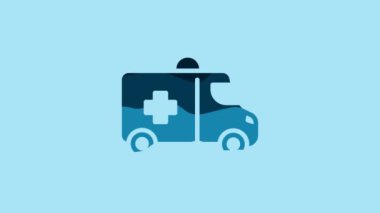 Blue Ambulance and emergency car icon isolated on blue background. Ambulance vehicle medical evacuation. 4K Video motion graphic animation .