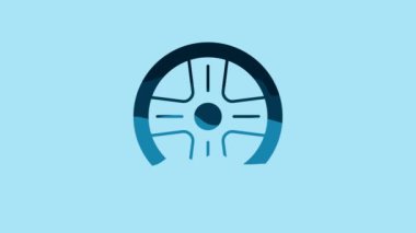 Blue Alloy wheel for a car icon isolated on blue background. 4K Video motion graphic animation .