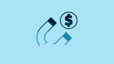 Blue Magnet with money icon isolated on blue background. Concept of attracting investments. Big business profit attraction and success. 4K Video motion graphic animation .