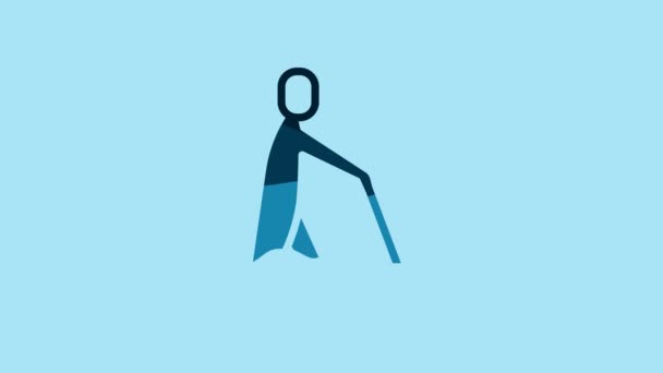 青色の背景に隔離された青いブラインド人の保持棒アイコン 視覚障害者 4Kビデオモーショングラフィックアニメーション — ストック動画