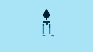Blue Burning candle icon isolated on blue background. Cylindrical candle stick with burning flame. 4K Video motion graphic animation.