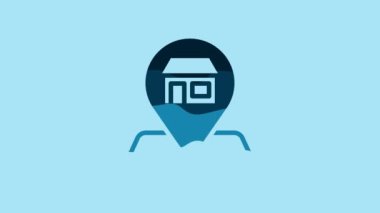 Blue Map pin with Shopping building or market store icon isolated on blue background. Shop construction. 4K Video motion graphic animation.