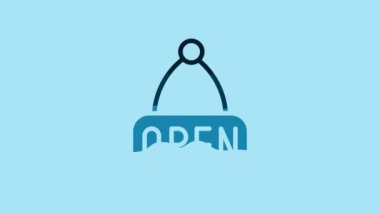 Blue Hanging sign with text Open door icon isolated on blue background. 4K Video motion graphic animation.