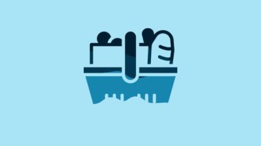 Blue Shopping basket and food icon isolated on blue background. Food store, supermarket. 4K Video motion graphic animation.