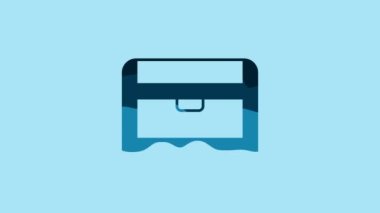 Blue Antique treasure chest icon isolated on blue background. Vintage wooden chest with golden coin. 4K Video motion graphic animation.