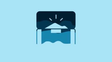Blue Antique treasure chest icon isolated on blue background. Vintage wooden chest with golden coin. 4K Video motion graphic animation.