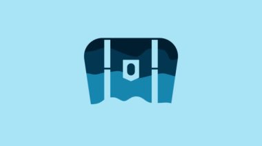 Blue Antique treasure chest icon isolated on blue background. Vintage wooden chest with golden coin. 4K Video motion graphic animation.