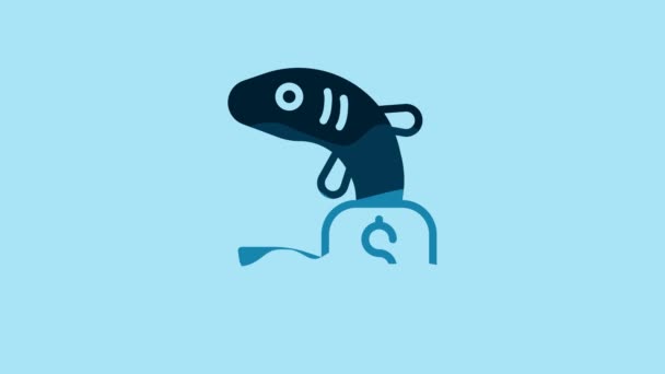 Blue Price Tag Fish Icon Isolated Blue Background Video Motion — Stockvideo