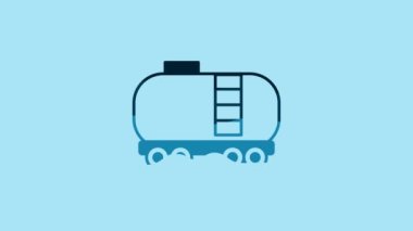Blue Oil railway cistern icon isolated on blue background. Train oil tank on railway car. Rail freight. Oil industry. 4K Video motion graphic animation.