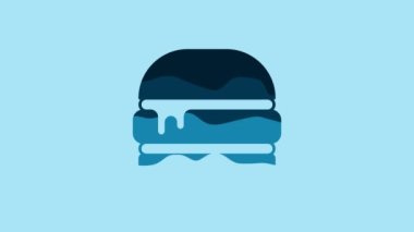 Blue Burger icon isolated on blue background. Hamburger icon. Cheeseburger sandwich sign. Fast food menu. 4K Video motion graphic animation.