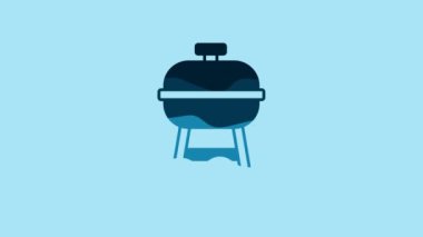 Blue Barbecue grill icon isolated on blue background. BBQ grill party. 4K Video motion graphic animation.