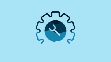 Blue Wrench and gear icon isolated on blue background. Adjusting, service, setting, maintenance, repair, fixing. 4K Video motion graphic animation.