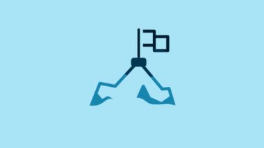 Blue Mountains with flag on top icon isolated on blue background. Symbol of victory or success concept. Goal achievement. 4K Video motion graphic animation.