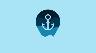 Blue Map pointer with anchor icon isolated on blue background. 4K Video motion graphic animation.