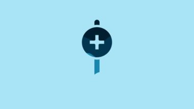 Blue Medical map pointer with cross hospital icon isolated on blue background. 4K Video motion graphic animation.