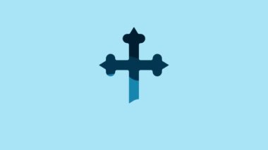 Blue Christian cross icon isolated on blue background. Church cross. 4K Video motion graphic animation.
