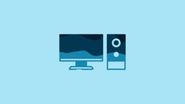 Blue Computer monitor icon isolated on blue background. PC component sign. 4K Video motion graphic animation.