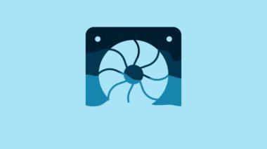 Blue Computer cooler icon isolated on blue background. PC hardware fan. 4K Video motion graphic animation.