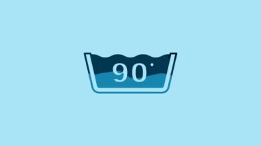 Blue Washing under 90 degrees celsius icon isolated on blue background. Temperature wash. 4K Video motion graphic animation.