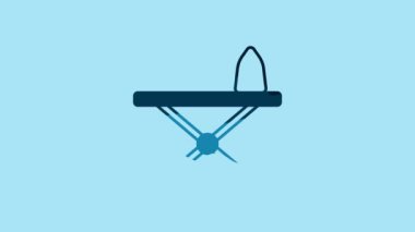 Blue Electric iron and ironing board icon isolated on blue background. Steam iron. 4K Video motion graphic animation.
