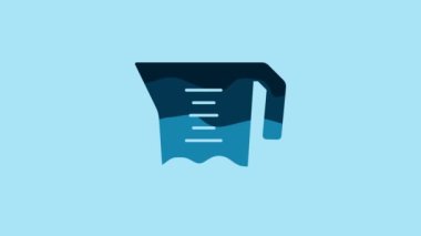 Blue Measuring cup to measure dry and liquid food icon isolated on blue background. Plastic graduated beaker with handle. 4K Video motion graphic animation.