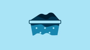 Blue Plastic basin with soap suds icon isolated on blue background. Bowl with water. Washing clothes, cleaning equipment. 4K Video motion graphic animation.