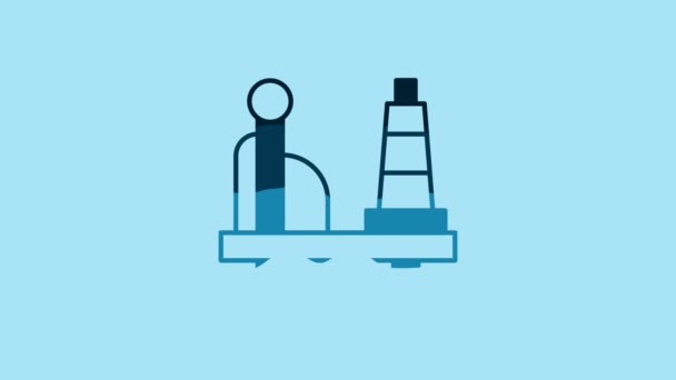 青い背景に隔離された海のアイコンの青い油プラットフォーム 海で掘削リグ 石油プラットフォーム ガス燃料 オフショア産業 4Kビデオモーショングラフィックアニメーション — ストック動画