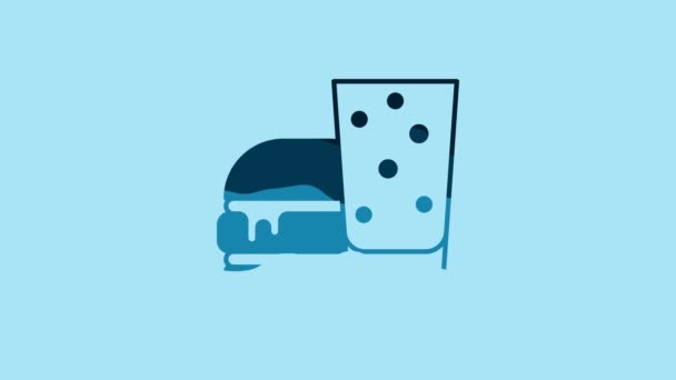 青の背景に青のバーガーアイコンが隔離されている ハンバーガーのアイコン チーズバーガーのサンドイッチの看板 ファーストフードメニュー 4Kビデオモーショングラフィックアニメーション — ストック動画