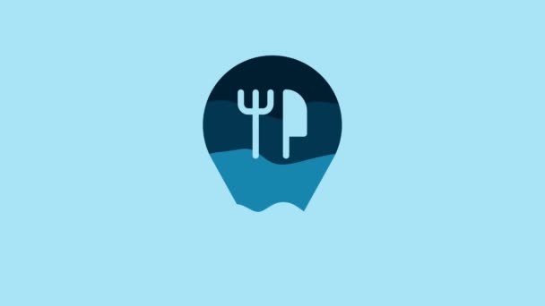 蓝色咖啡店和餐厅的位置图标被蓝色背景隔离 叉子和勺子的标志里面的针尖 4K视频运动图形动画 — 图库视频影像